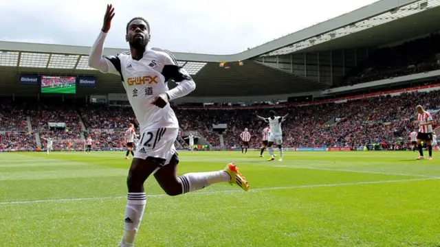 Swansea's Nathan Dyer celebrates his first goal