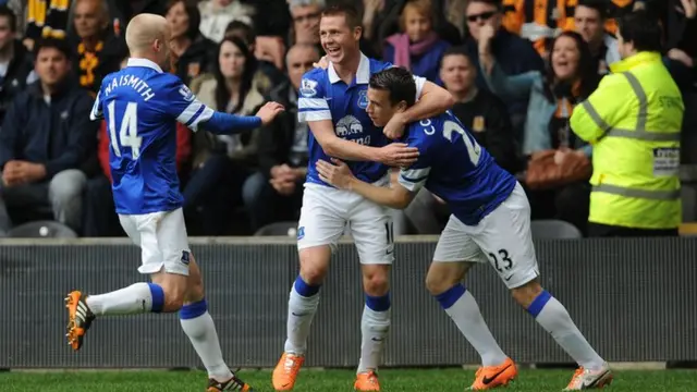 Everton celebrate their first goal against Hull