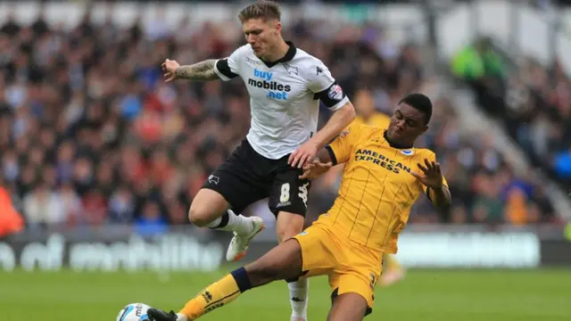 Derby's Jeff Hendrick is tackled by Rohan Ince