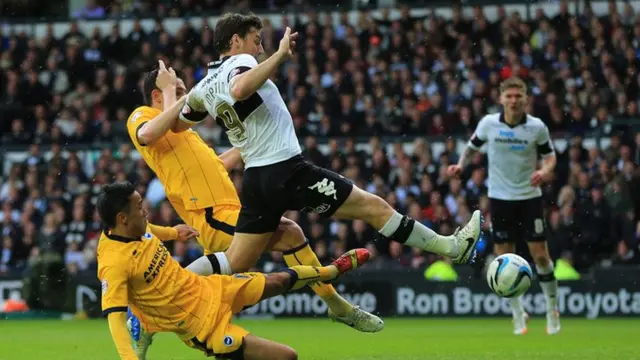 Chris Martin pokes home Derby's second against Brighton in the Championship play-offs