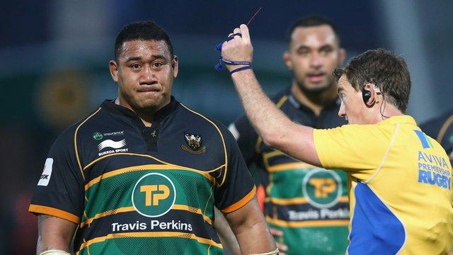 Referee JP Doyle shows Northampton's Salesi Ma'afu a red card during Saturday's Premiership semi-final against Leicester