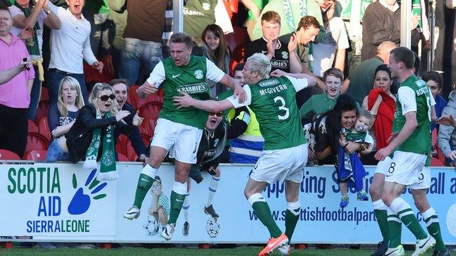 Jason Cummings celebrates giving Hibs the lead