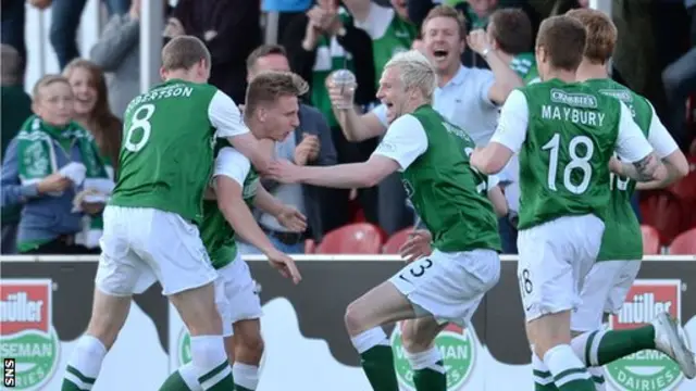 Hibs celebrate one of Jason Cummings's two goals in the first leg of the Scottish Premiership play-off against Hamilton Accies