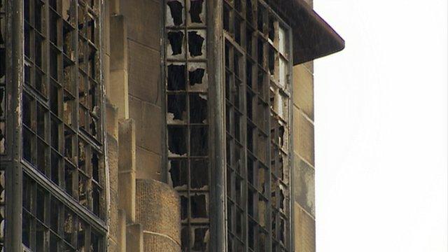 Blackened windows at the Glasgow School of Art