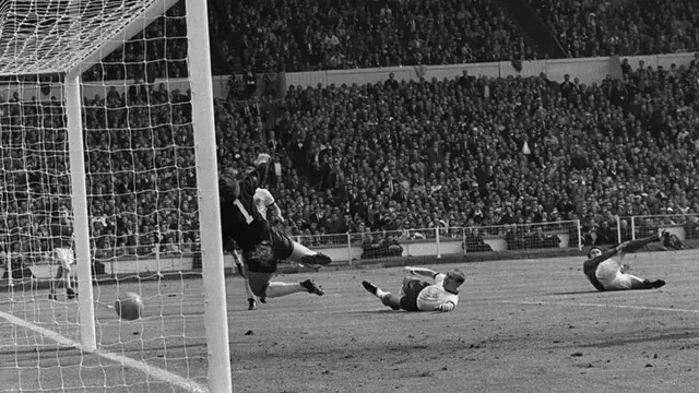 Geoff Hurst scores England's third in the 1966 World Cup final