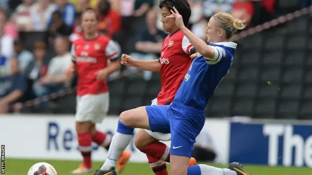 Arsenal's Shinobu Ohno beats Lindsay Johnson to the ball