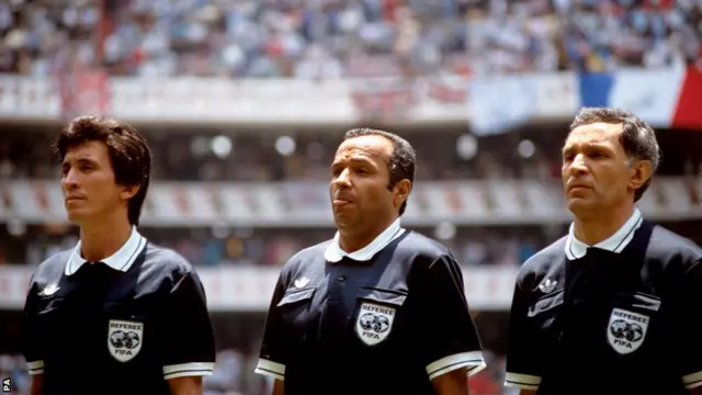 The officials gather ahead of the 1986 World Cup quarter-final between Argentina and England