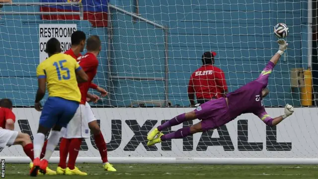 Michael Arroyo scores Ecuador's second goal of the afternoon to make it 2-2 against England