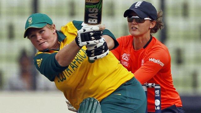 South Africa's Sunette Loubser plays a shot during the ICC Women's Twenty20 Cricket World Cup semi-final match against England in Dhaka, Bangladesh