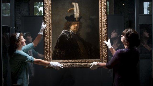 Cirsty Jones conservation Assistant & Patricia Burtnyk House & collections manager, Buckland Abbey with the Rembrandt