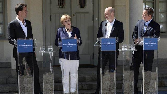 Dutch Prime Minister Mark Rutte, German Chancellor Angela Merkel, Swedish Prime Minister Fredrik Reinfeldt and British Prime Minister David Cameron