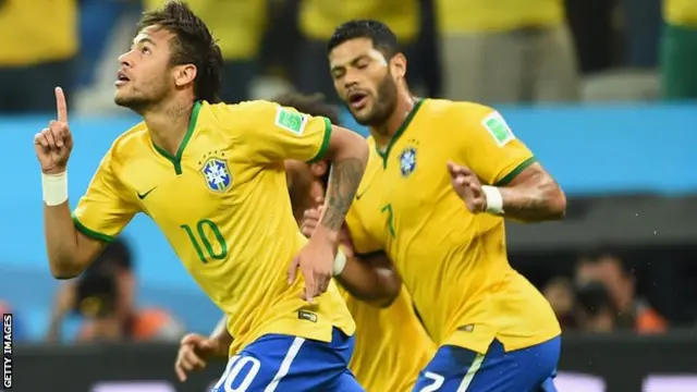 Neymar celebrates scoring Brazil's equaliser against Croatia in the opening game at the 2014 World Cup