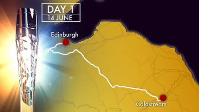 Queen's Baton Relay Map - Coldstream to Edinburgh