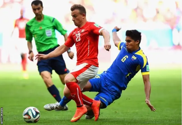 A wild lunge from Ecuador midfielder Cristhian Noboa on Xherdan Shaqiri