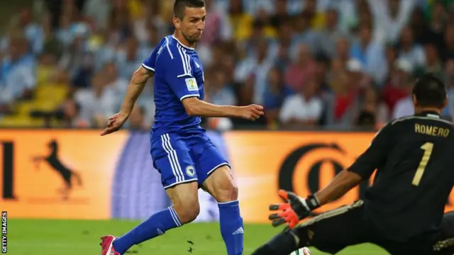 Vedad Ibisevic of Bosnia and Hercegovina scores against Argentina