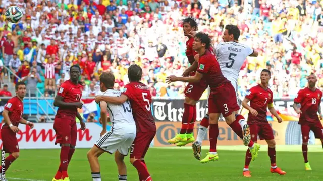 Mats Hummels of Germany scores on a header for his team"s second goal