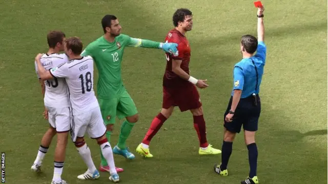 Portugal's defender Pepe receives the red card