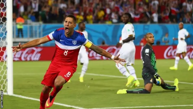 Clint Dempsey of the United States reacts after scoring his team's first goal