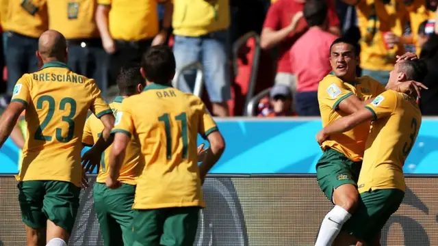 Australia celebrate Tim Cahill's stunner against Netherlands