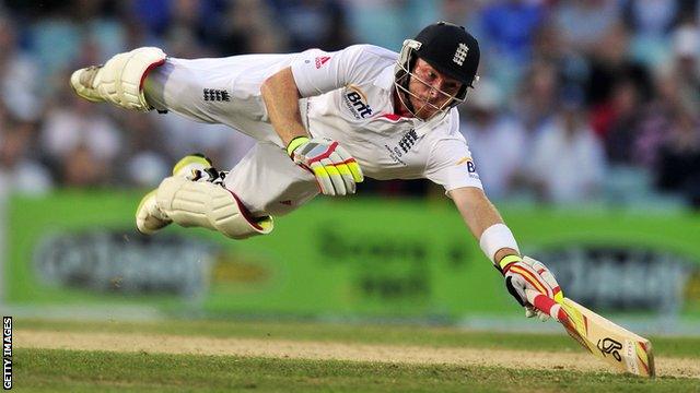 England's Ian Bell dives to make his ground during the fifth day of the fifth Ashes Test match between England and Australia at The Oval in August 2013