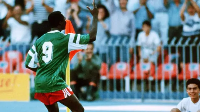 Roger Milla of Cameroon dances at the corner flag at the 1990 World Cup