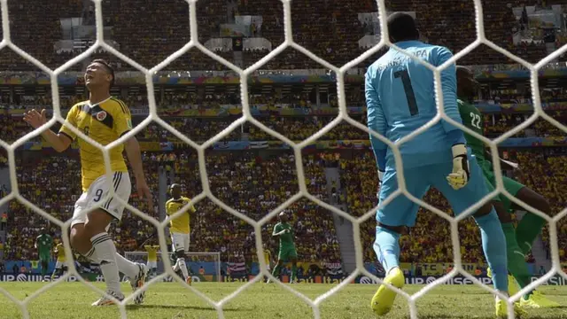 Teofilo Gutierrez of Colombia misses a sitter