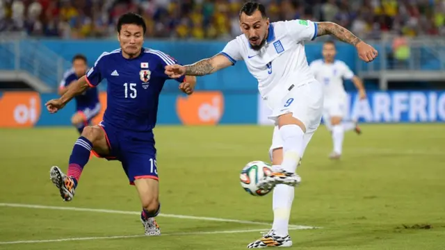 Fulham's Konstantinos Mitroglou in action for Greece against Japan