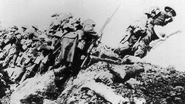 British troops going over the top on the first day of the Battle of the Somme in 1916