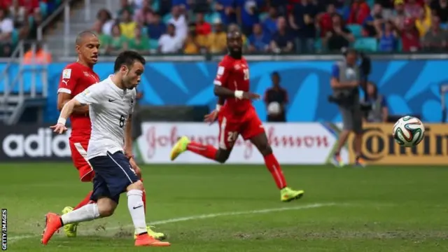 Mathieu Valbuena of France scores his team's third goal