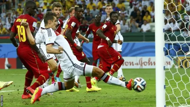 Germany's Miroslav Klose taps the ball in to score against Ghana