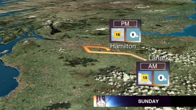 Weather map for South Lanarkshire. Tempererature is 16C with a westerly wind of 9mph.