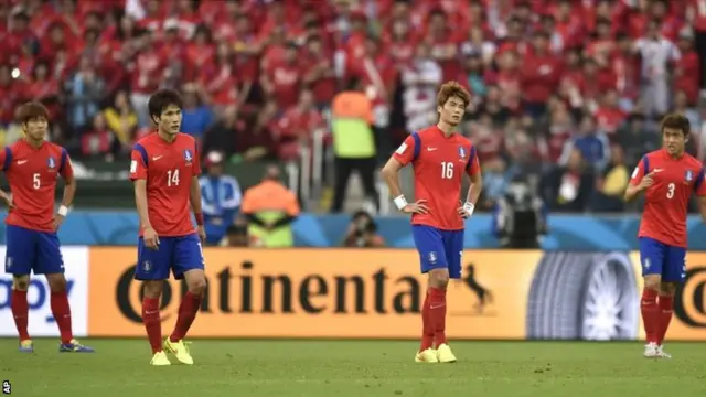 South Korean players react after Algeria's Abdelmoumene Djabou scored