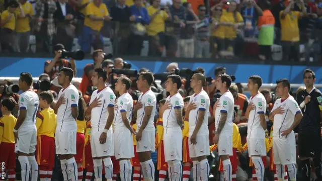 Chile players sing the national anthems