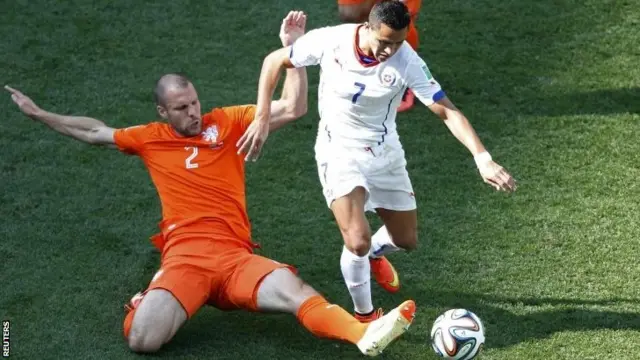 Ron Vlaar tackles Alexis Sanchez