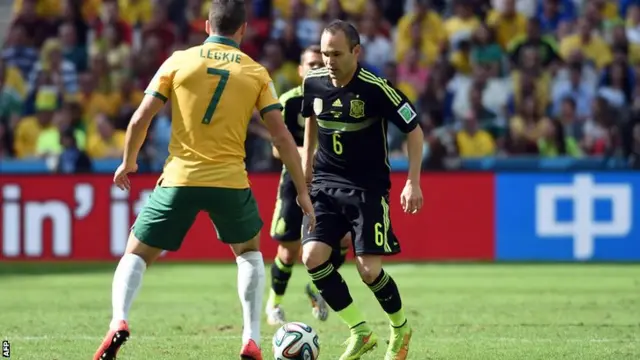 Andres Iniesta in action for Spain against Australia