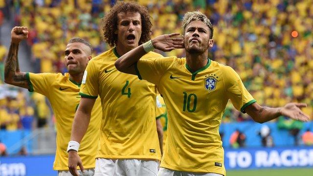 Neymar, David Luiz and Dani Alves of Brazil