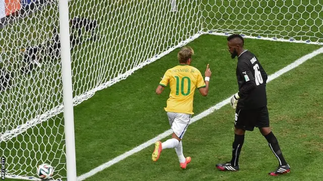 Brazil forward Neymar scores his side's first goal of the game against Cameroon