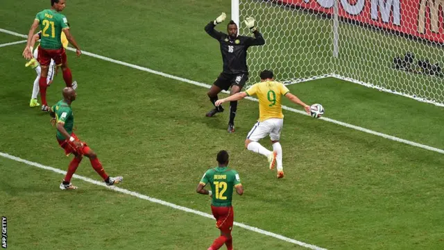 Fred scores Brazil's third goal against Cameroon