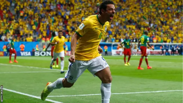 Fred celebrates after scoring Brazil's third goal