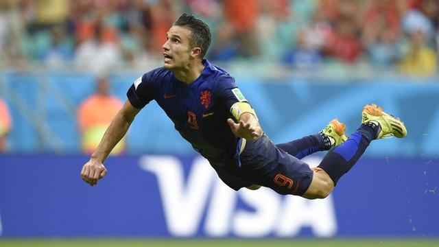 Robin van Persie scores against Spain