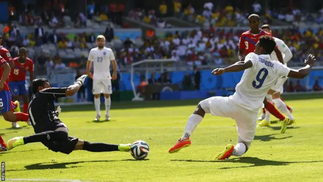 Keylor Navas dives at the feet of Daniel Sturridge