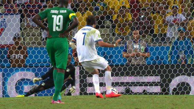 Georgios Samaras scores from the penalty spot to secure a 2-1 victory over Ivory Coast