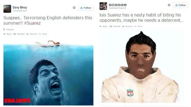 A composite image showing some of the jokes being shared online. In this case, mash-ups playing on Hannibal Lecter and Jaws