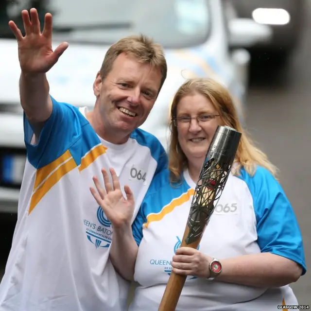 Kenny Mitchell with Heather Stewart on the baton relay