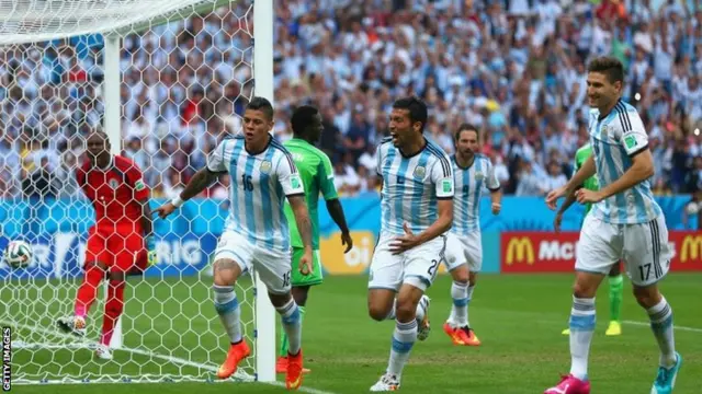 Marcos Rojo of Argentina celebrates scoring his team's third goal during