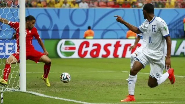 Jerry Bengtson of Honduras watches as his shot is cleared off the line