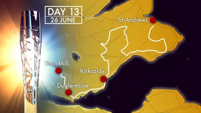 Route map of stage 13 of Queen's Baton Relay around Fifd