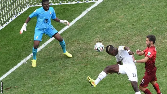 Ghana's John Boye scores an own goal in the 2014 Fifa World Cup game against Portugal