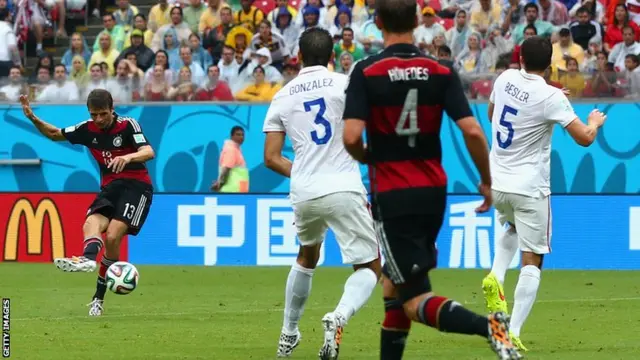 Thomas Muller scores Germany's opening goal against the USA