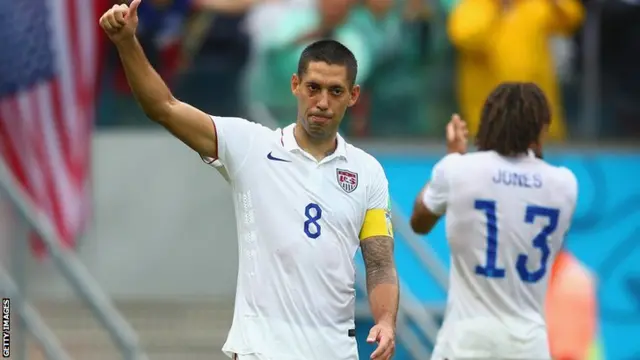 Clint Dempsey thanks the USA fans after their 1-0 defeat to Germany